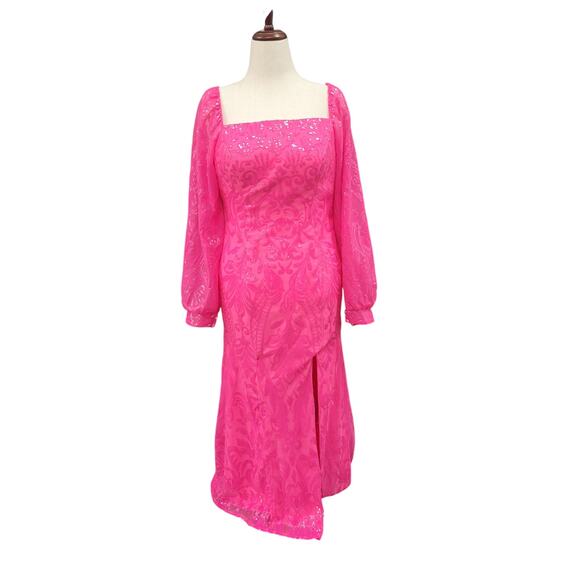 NWT Long Sleeved Patterned Sequin Gown Size 16 Hot Pink - Picture 1 of 14